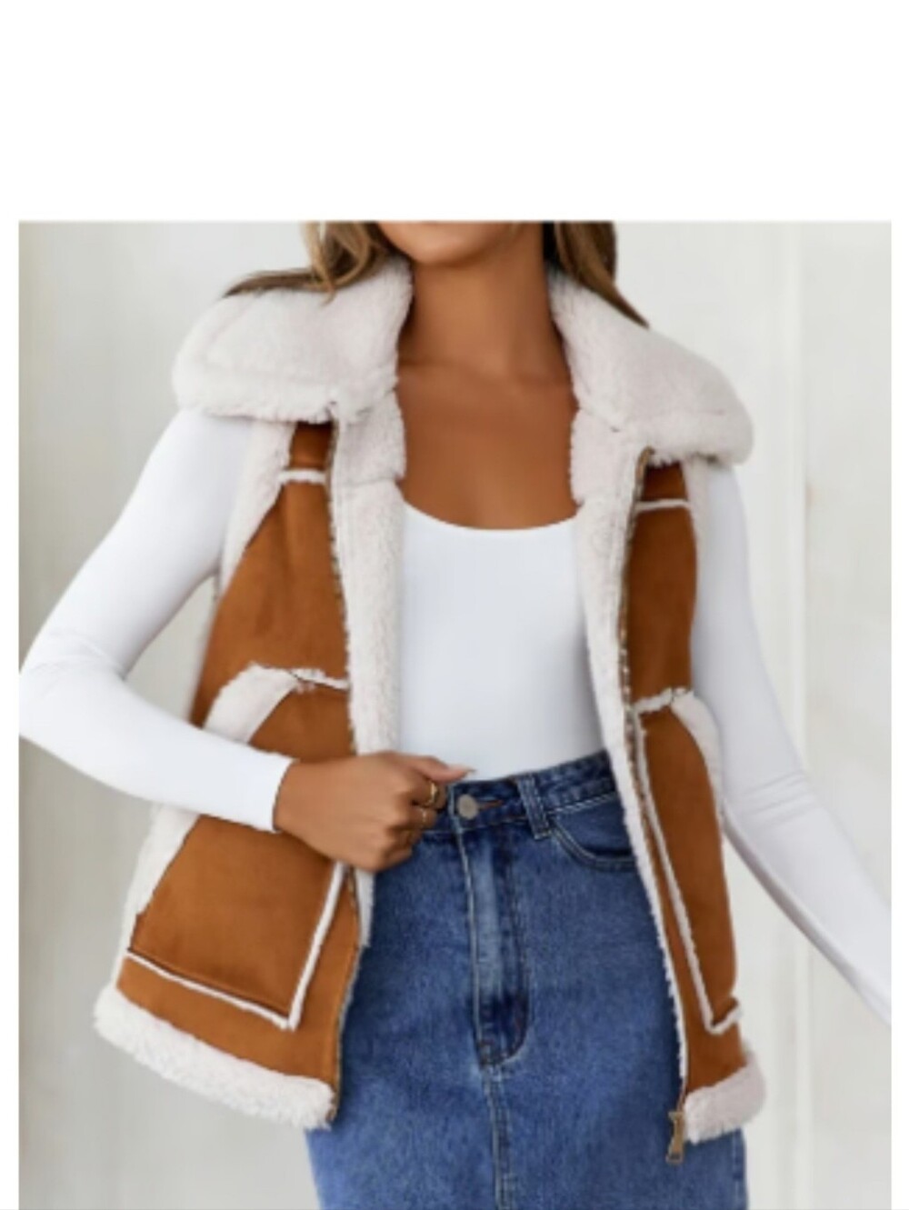 Hello Molly Women's Tan Faux-Suede Shearling Vest with Cream Trim